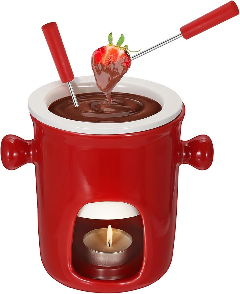 BSTKEY 280ML Ceramic Butter Warmer Set with 2 Forks, Fondue Pot Melting Pot Set, Melt Hot Pot Bowl Set for Cheese Chocolate Butter Caramel (Red) - Image 1